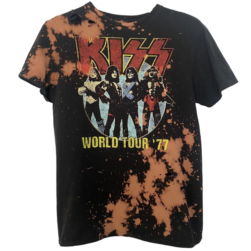 KISS World Tour '77 Rock Band Unisex Upcycled Bleached Reworked T-Shirt - Medium